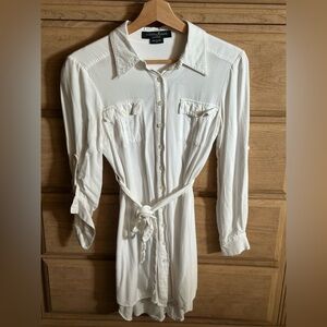 Guess by Marciano White Long Sleeve Hi-Low Rayon Shirt Dress | Size XS